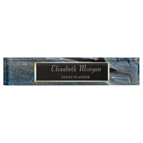 Elegant Stylish Gold FrameBlue Marble  Desk Name Plate