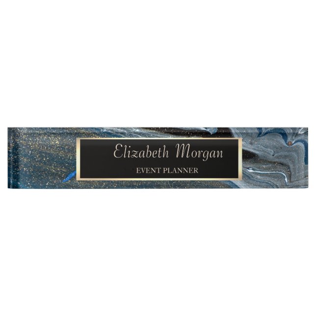 Elegant Stylish Gold Frame,Blue Marble  Desk Name Plate (Front)