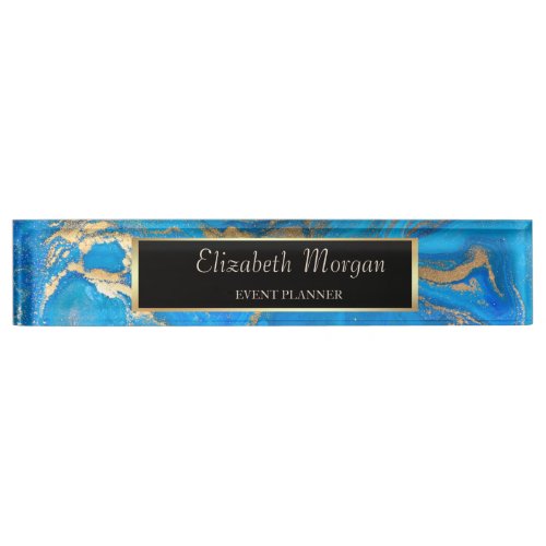 Elegant Stylish Gold Frame Blue Marble Desk Name Plate