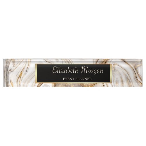 Elegant Stylish Gold FrameWhite Brown Marble Desk Name Plate