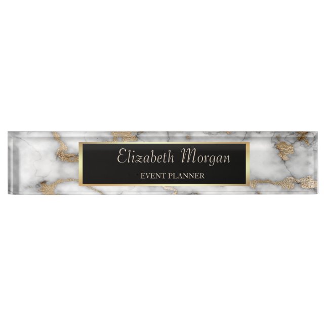 Elegant Stylish Gold Frame White Gold Marble Desk Name Plate (Front)