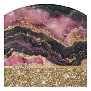 Elegant Stylish Gold Glitter Black Burgundy Marble Door Sign