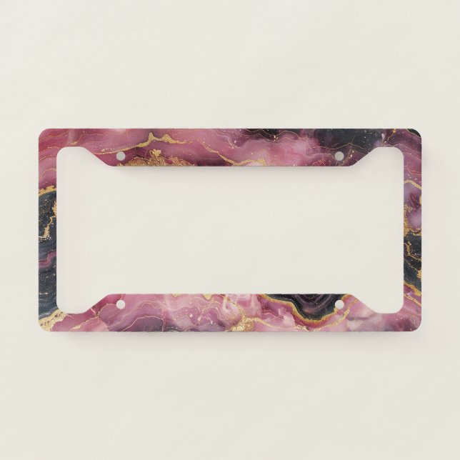 Elegant Stylish Gold Glitter Black Burgundy Marble License Plate Frame (Front)