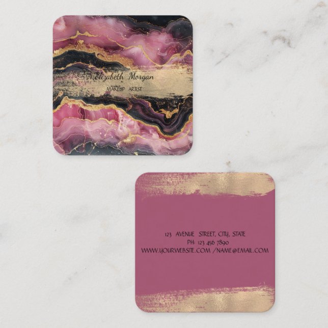 Elegant Stylish Gold Glitter Black Burgundy Marble Square Business Card (Front/Back)
