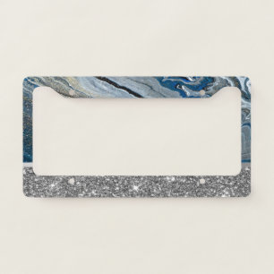 Elegant Stylish Gold Glitter Blue Marble Stone License Plate Frame