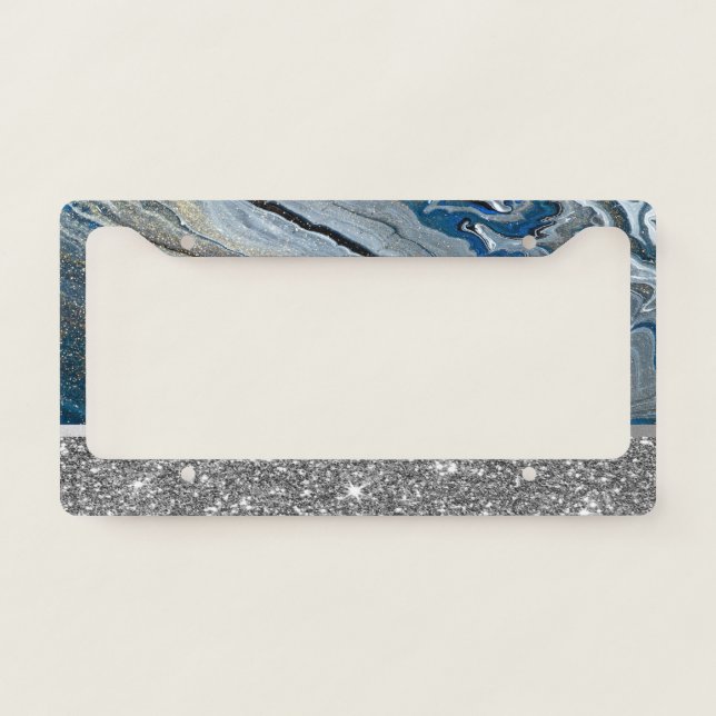 Elegant Stylish Gold Glitter Blue Marble Stone License Plate Frame (Front)