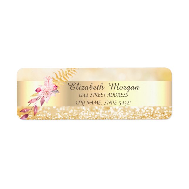 Elegant  Stylish,Gold Glitter Bokeh,Flower Address Label (Front)