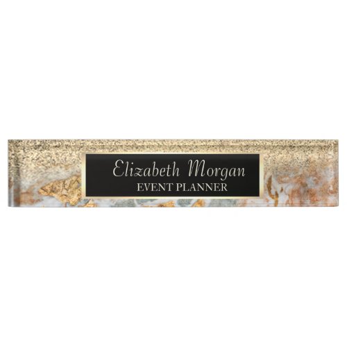 Elegant Stylish Gold Glitter Bokeh Marble Frame Desk Name Plate