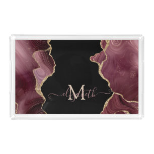 Elegant Stylish Gold Glitter Burgundy Agate   Acrylic Tray