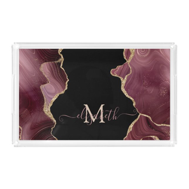 Elegant Stylish Gold Glitter Burgundy Agate   Acrylic Tray (Front)