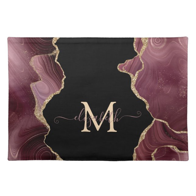 Elegant Stylish Gold Glitter Burgundy Agate Cloth Placemat (Front)