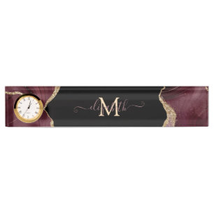 Elegant Stylish Gold Glitter Burgundy Agate Desk Name Plate