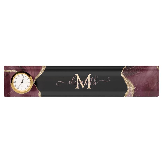 Elegant Stylish Gold Glitter Burgundy Agate  Desk Name Plate (Front)