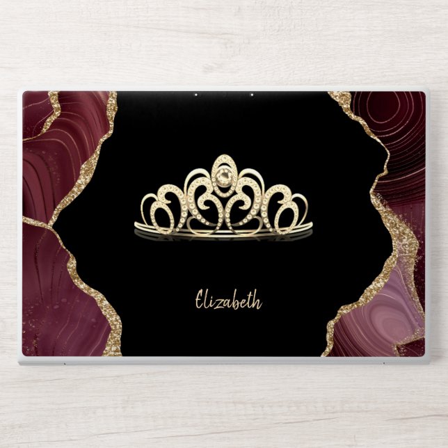 Elegant Stylish Gold Glitter Burgundy Agate HP Laptop Skin (Front)