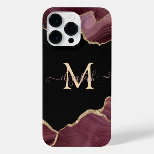 Elegant Stylish Gold Glitter Burgundy Agate iPhone 14 Pro Max Case