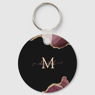 Elegant Stylish Gold Glitter Burgundy Agate  Keychain
