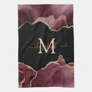 Elegant Stylish Gold Glitter Burgundy Agate  Kitchen Towel