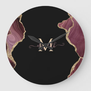Elegant Stylish Gold Glitter Burgundy Agate Large Clock