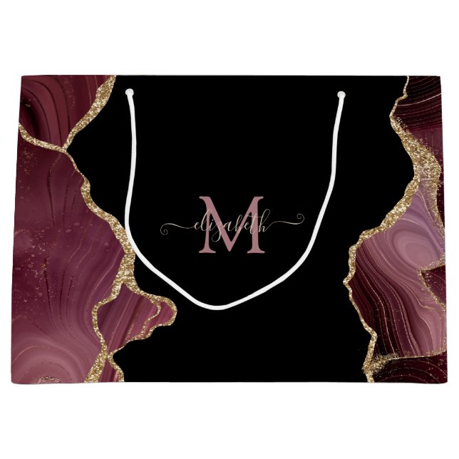 Elegant Stylish Gold Glitter Burgundy Agate Large Gift Bag (Front)