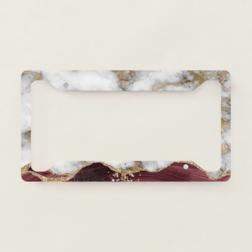 Elegant Stylish Gold Glitter Burgundy Marble  License Plate Frame