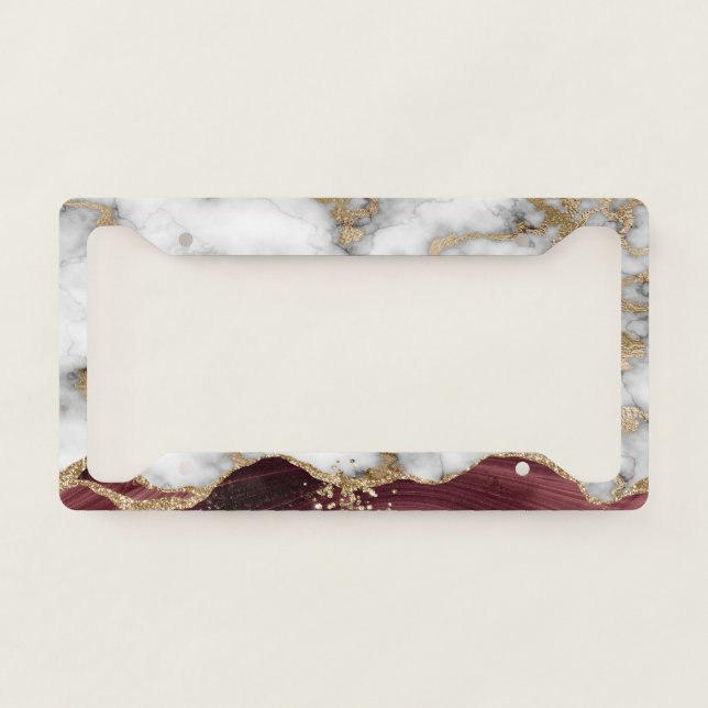 Elegant Stylish Gold Glitter Burgundy Marble  License Plate Frame (Front)