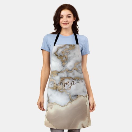 Elegant Stylish Gold Glitter Cream Marble Monogram Apron