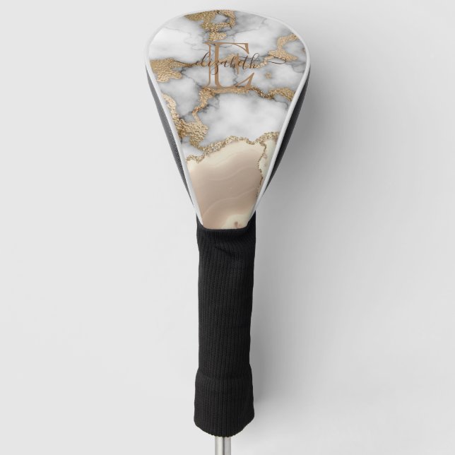 Elegant Stylish Gold Glitter Cream Marble Monogram Golf Head Cover (Front)