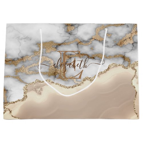 Elegant Stylish Gold Glitter Cream Marble Monogram Large Gift Bag