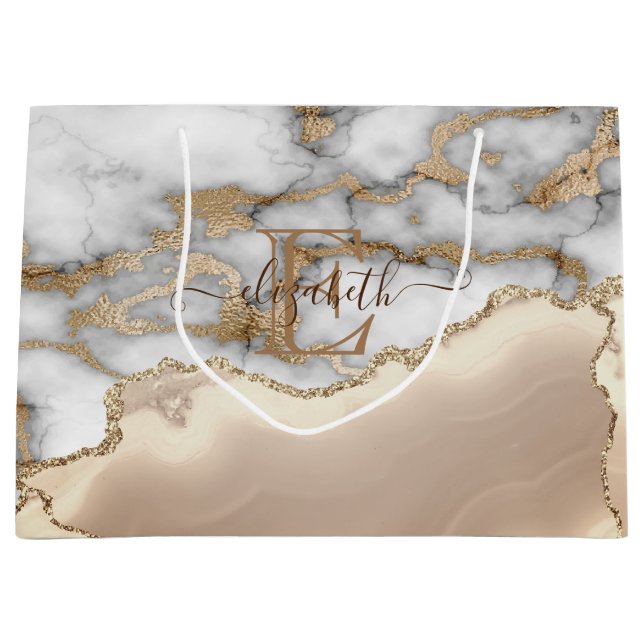 Elegant Stylish Gold Glitter Cream Marble Monogram Large Gift Bag (Front)
