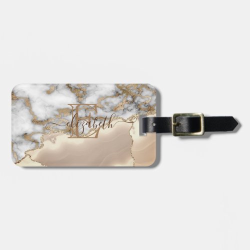 Elegant Stylish Gold Glitter Cream Marble Monogram Luggage Tag