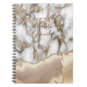 Elegant Stylish Gold Glitter Cream Marble Monogram Notebook