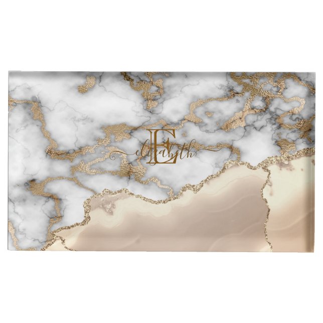Elegant Stylish Gold Glitter Cream Marble Monogram Place Card Holder (Front)