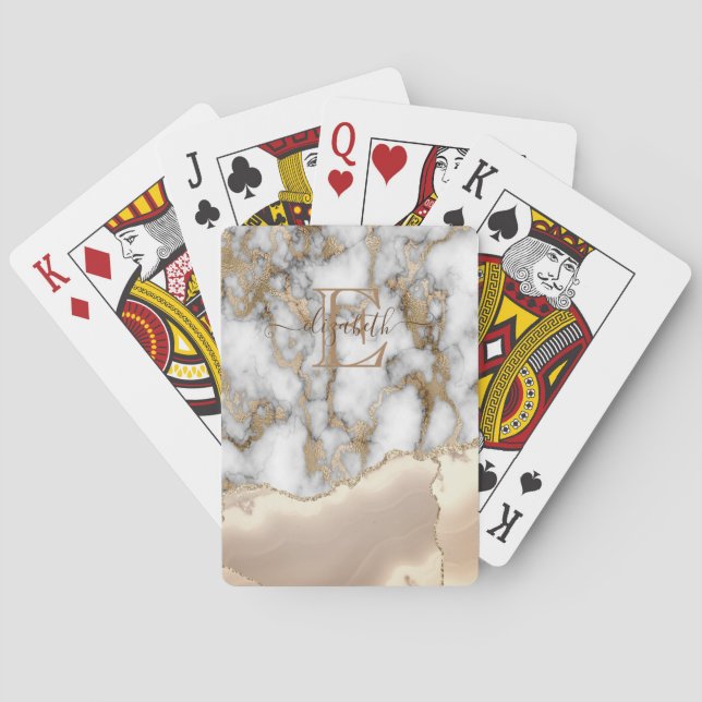 Elegant Stylish Gold Glitter Cream Marble Monogram Poker Cards (Back)