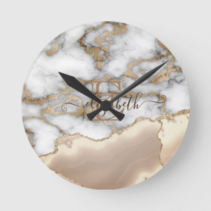 Elegant Stylish Gold Glitter Cream Marble Monogram Round Clock