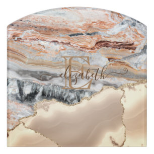 Elegant Stylish Gold Glitter Marble Stone Monogram Door Sign