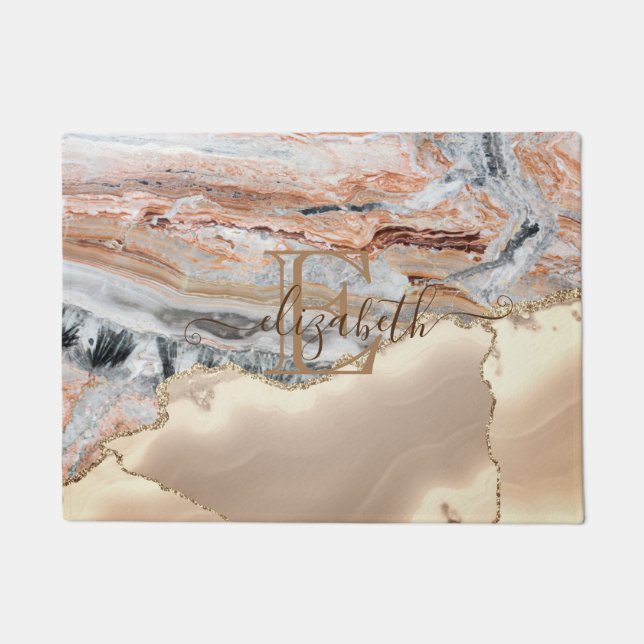 Elegant Stylish Gold Glitter Marble Stone Monogram Doormat (Front)