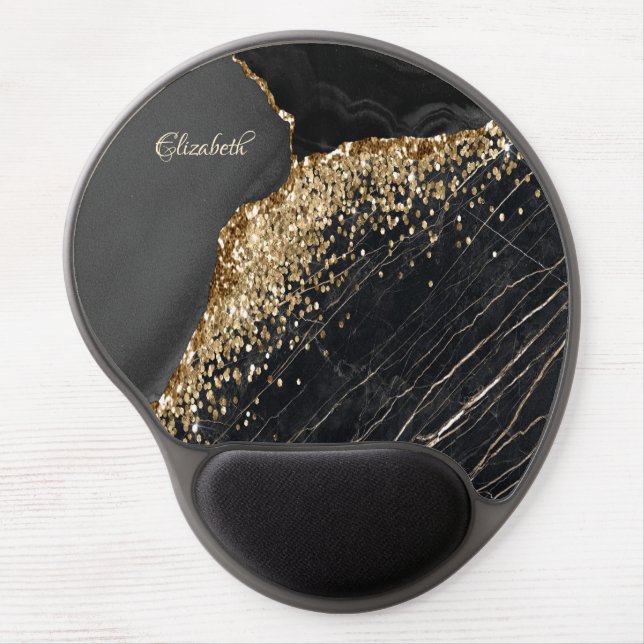 Elegant Stylish Gold Glitter Sequins Black  Gel Mouse Pad (Front)