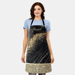Elegant Stylish Gold Glitter Sequins Black Marble Apron