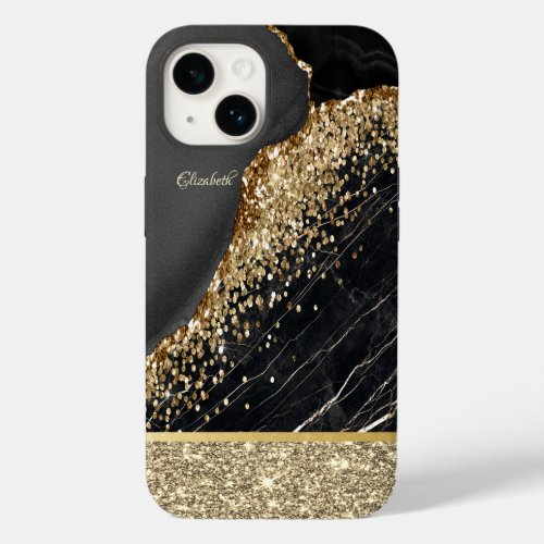 Elegant Stylish Gold Glitter Sequins Black Marble  Case_Mate iPhone 14 Case