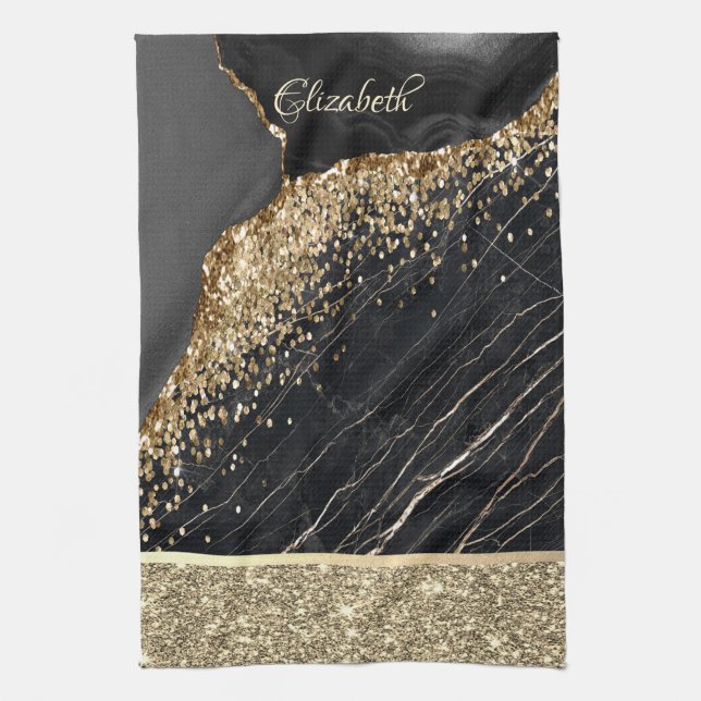 Elegant Stylish Gold Glitter Sequins Black Marble  Kitchen Towel (Vertical)