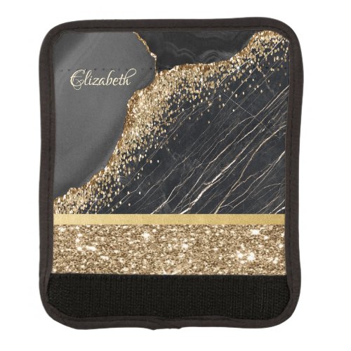 Elegant Stylish Gold Glitter Sequins Black Marble  Luggage Handle Wrap