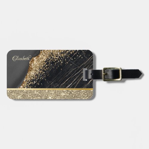 Elegant Stylish Gold Glitter Sequins Black Marble  Luggage Tag