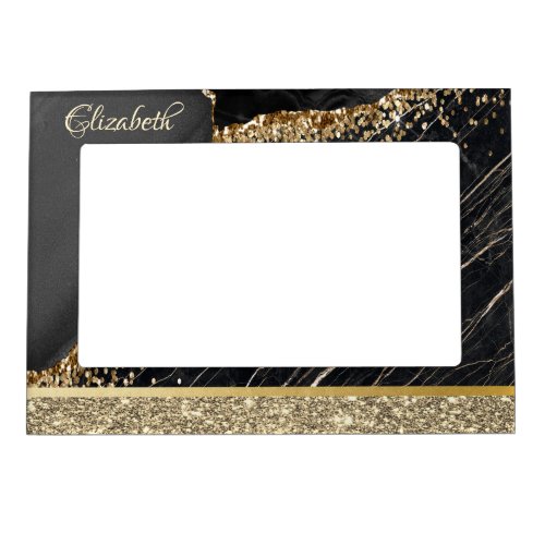 Elegant Stylish Gold Glitter Sequins Black Marble  Magnetic Frame