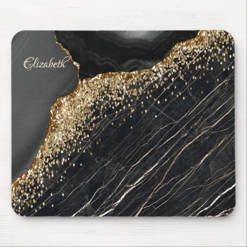 Elegant Stylish Gold Glitter Sequins Black Marble  Mouse Pad