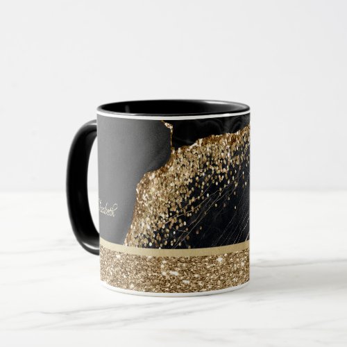 Elegant Stylish Gold Glitter Sequins Black Marble  Mug