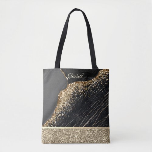 Elegant Stylish Gold Glitter Sequins Black Marble  Tote Bag