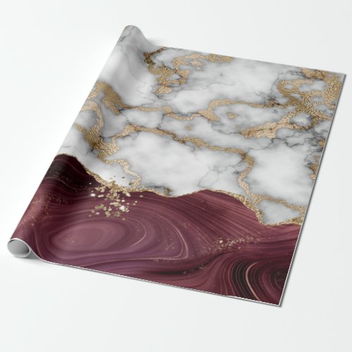 Elegant Stylish Gold Glitter Shiny Marble Burgundy Wrapping Paper