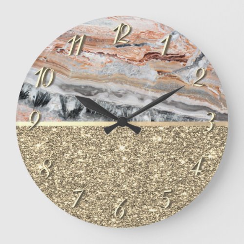 Elegant Stylish Gold Glitter Shiny Marble Stone   Large Clock