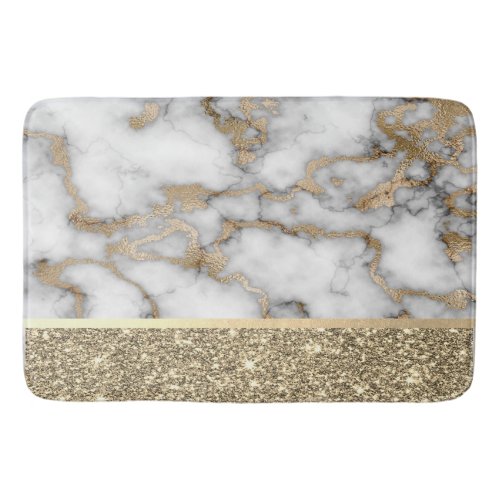 Elegant Stylish Gold Glitter Shiny White Marble  Bath Mat