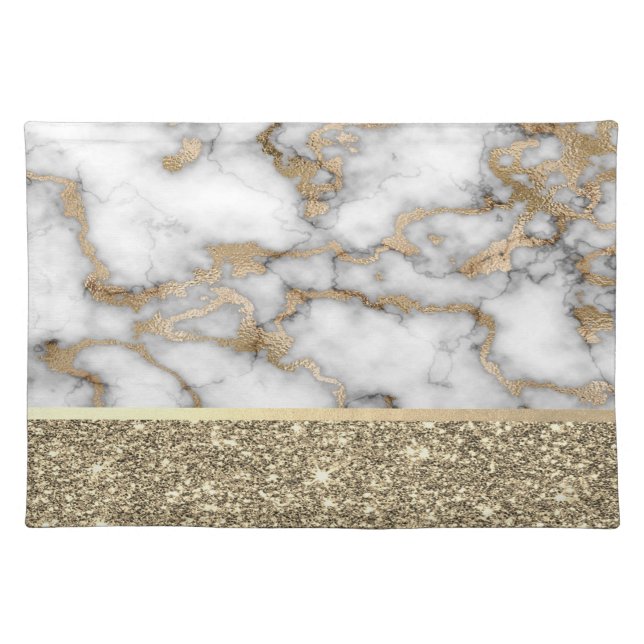 Elegant Stylish Gold Glitter Shiny White Marble  Cloth Placemat (Front)